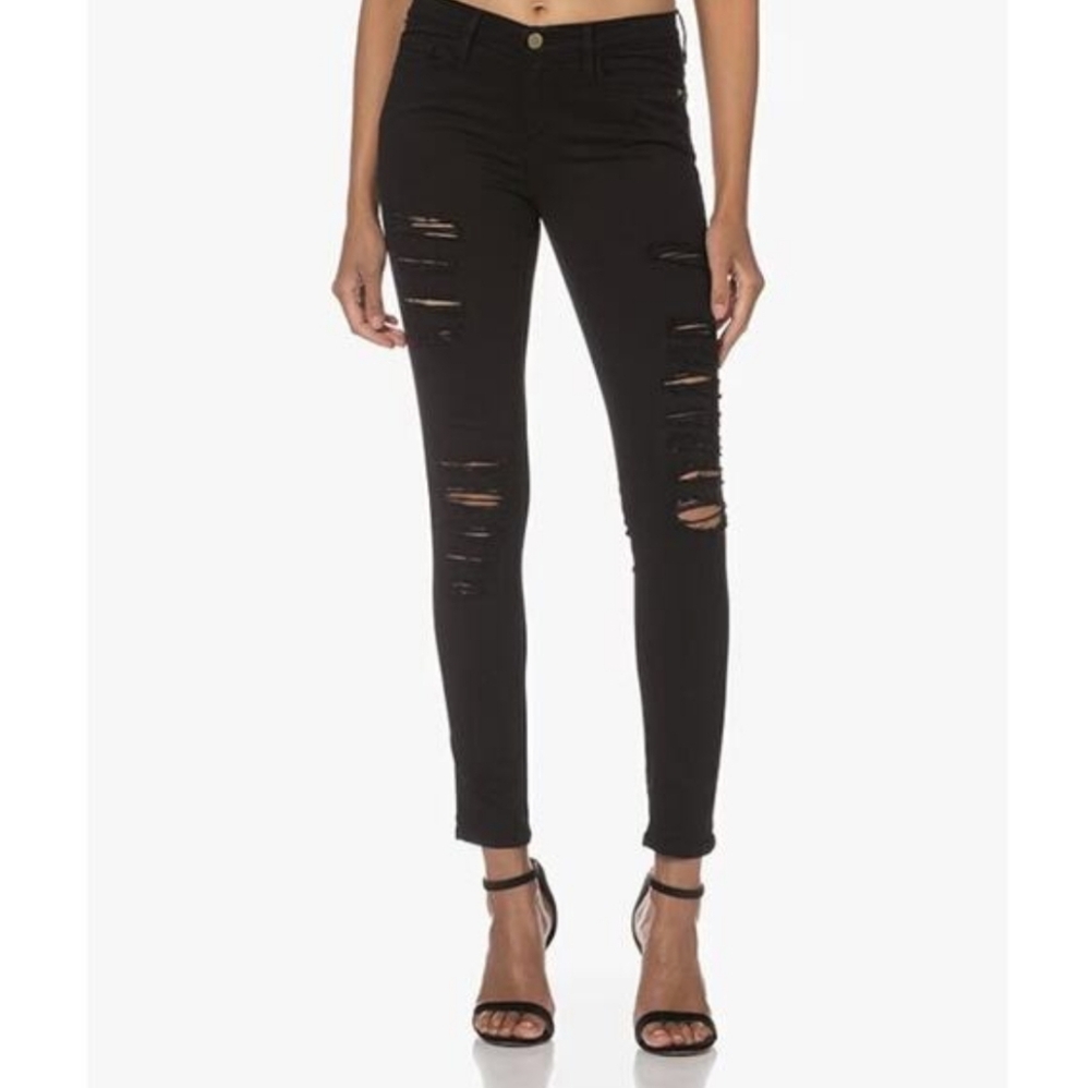 Frame Le Skinny de Jeanne Distressed Black Jeans Film Noir Black